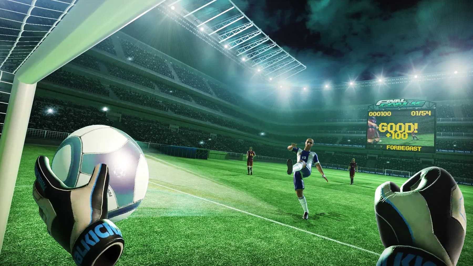 VR sports arena experience at a corporate team-building event in NYC, guest playing virtual soccer or basketball in a branded VR booth