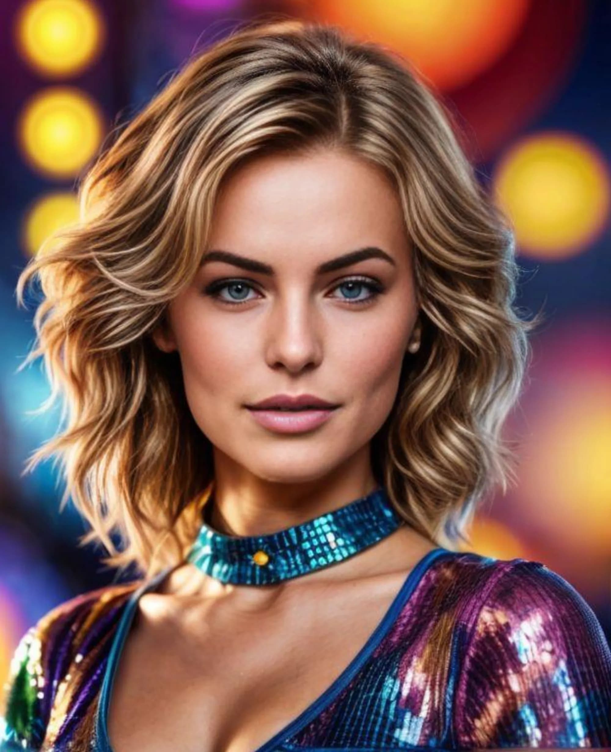 AI 70s disco era reimagine portrait of a woman in sequined outfit with colorful bokeh lights