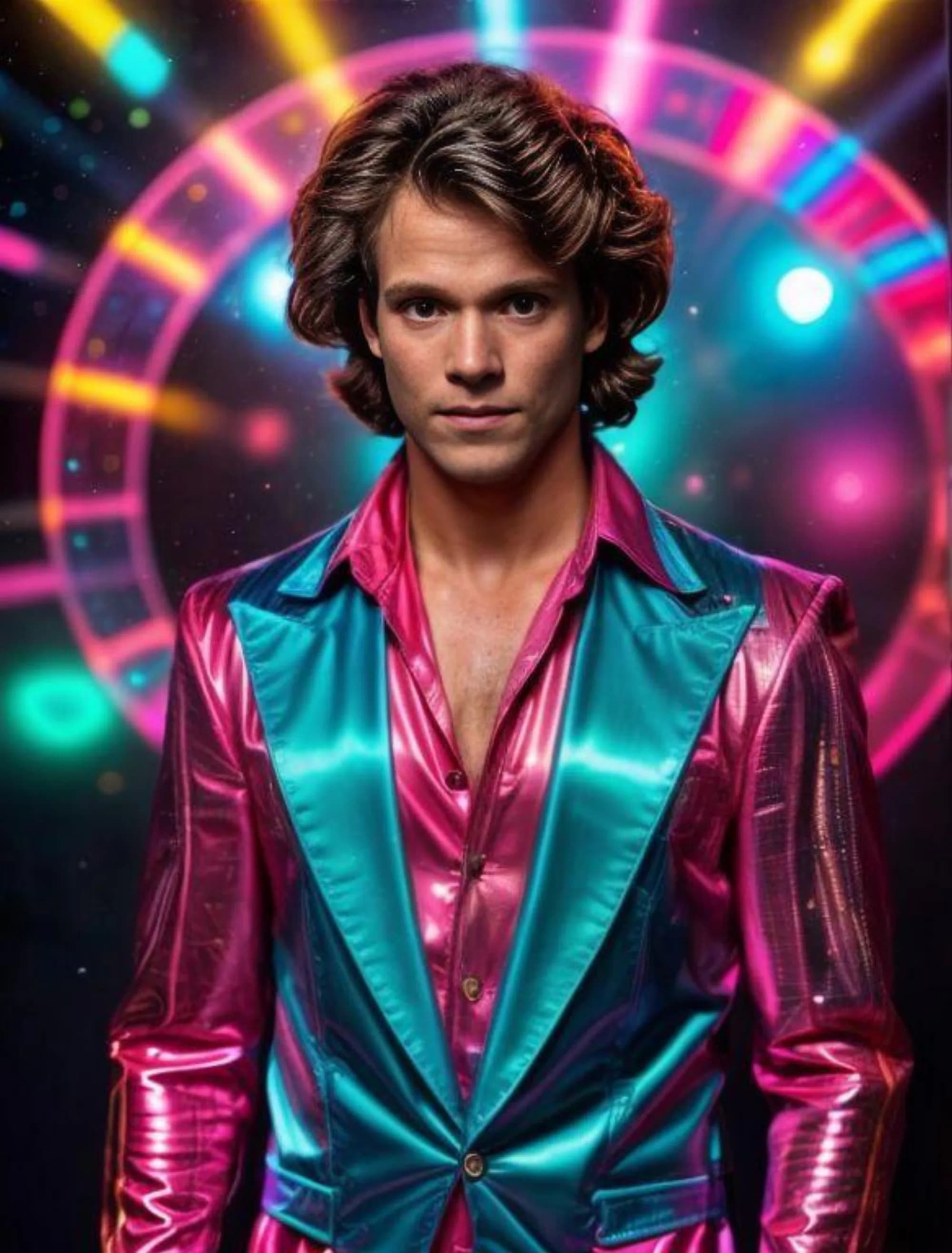 AI 70s disco era reimagine portrait of a man in metallic pink and teal jacket with neon roulette background