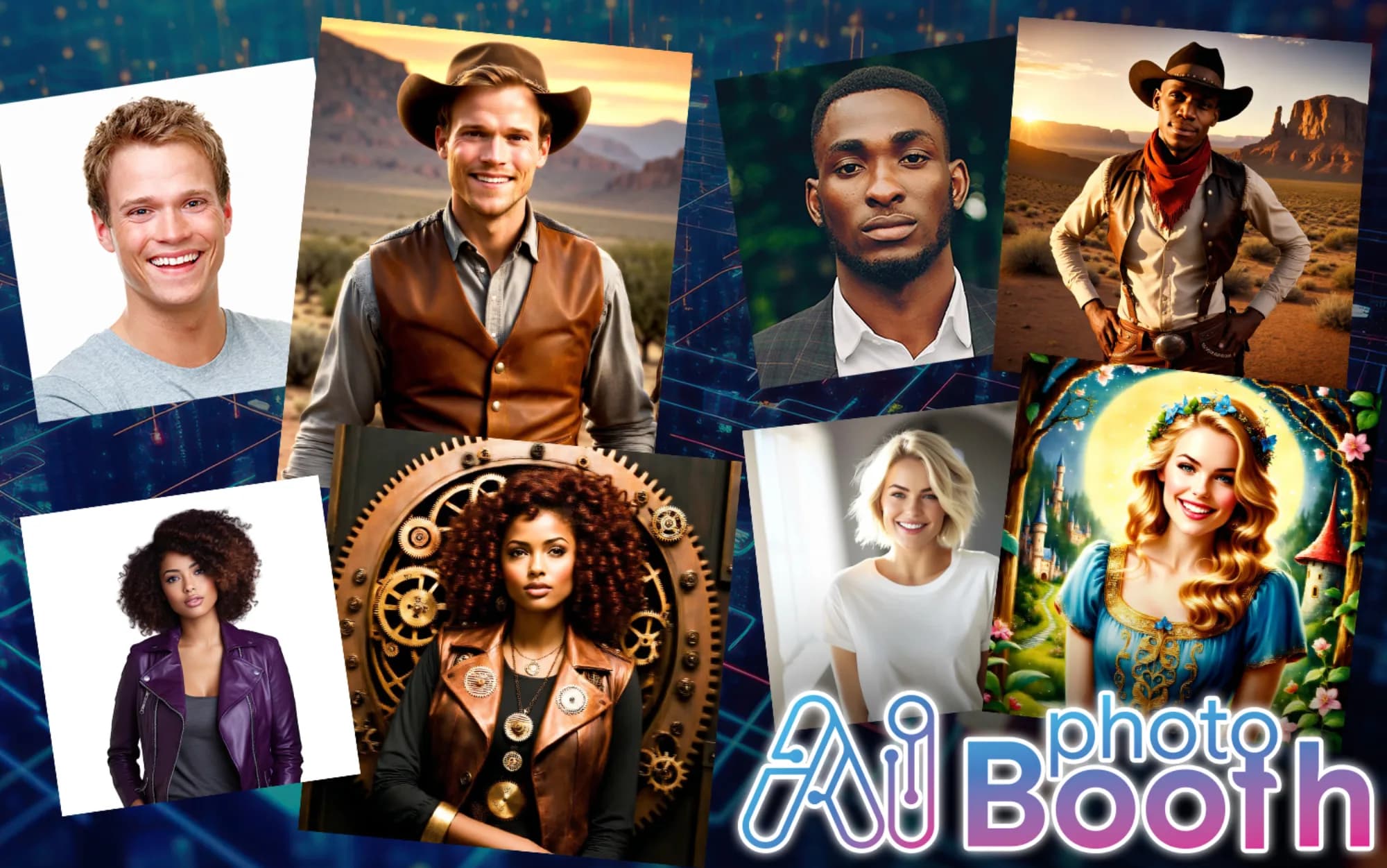 AI Reimagine Booth showing multiple character transformation outputs including cowboy, steampunk, fantasy, and disco themes