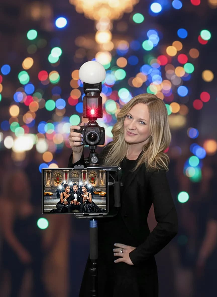 Roaming AI photo booth operator at corporate event with handheld camera and bokeh lighting