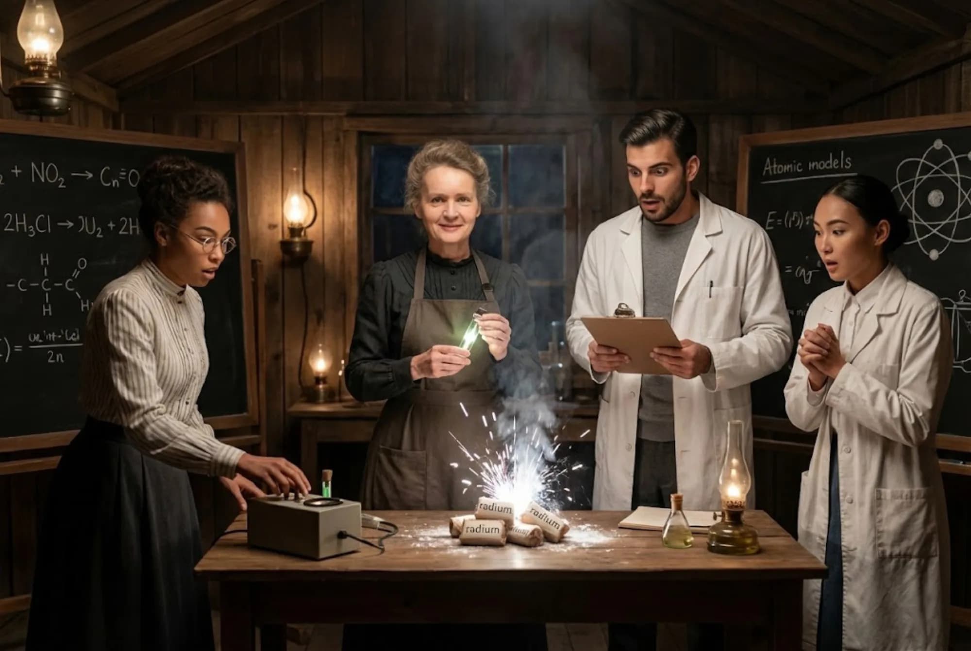 AI steampunk chemistry lab reimagine portrait with guests in a historic laboratory scene