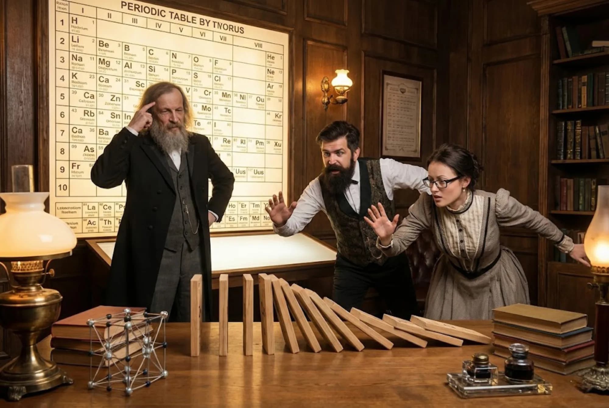 AI chemistry lab reimagine portrait with guests beside a periodic table in Victorian scientist costumes