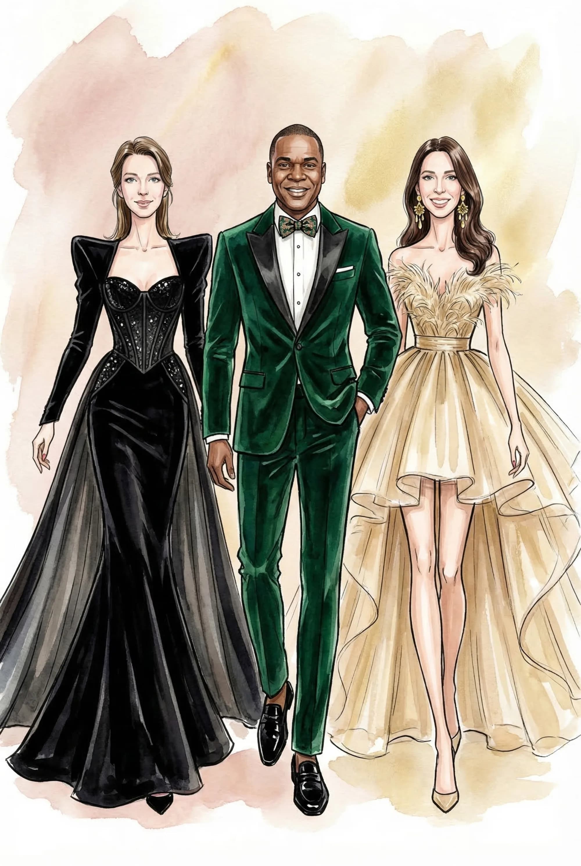 Fashion Sketch Couture AI illustration showing guests transformed into watercolor fashion portrait trio