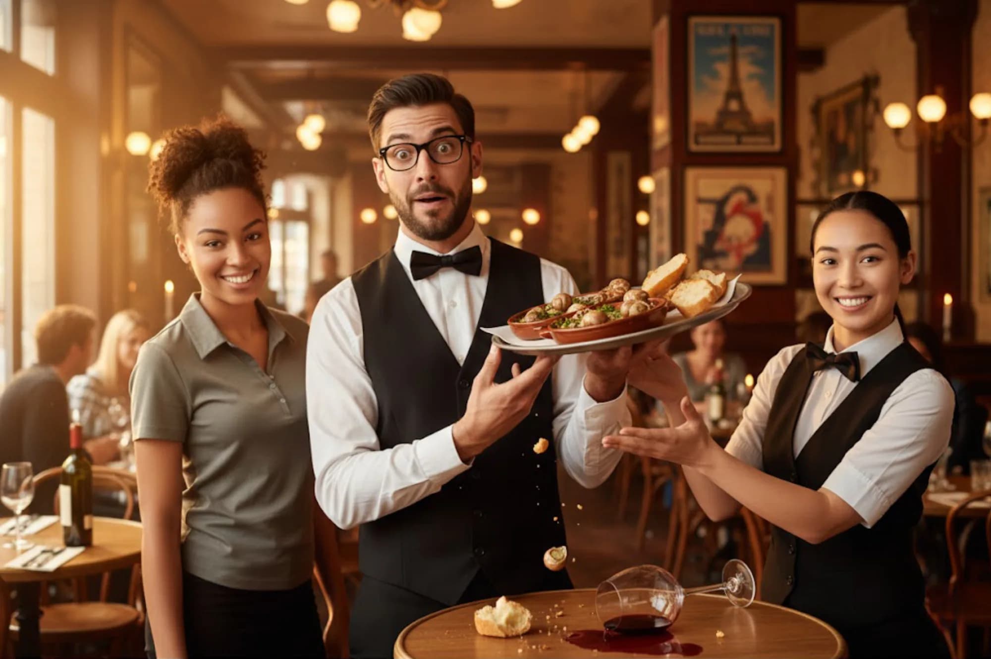 AI French bistro feast reimagine portrait with guests transformed into Parisian restaurant staff scene