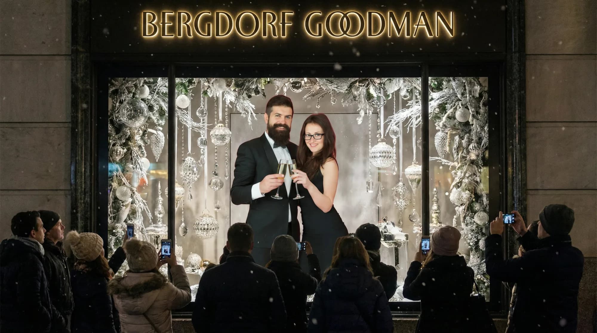 AI reimagine portrait placing a couple inside the Bergdorf Goodman holiday window display, with onlookers photographing from the sidewalk