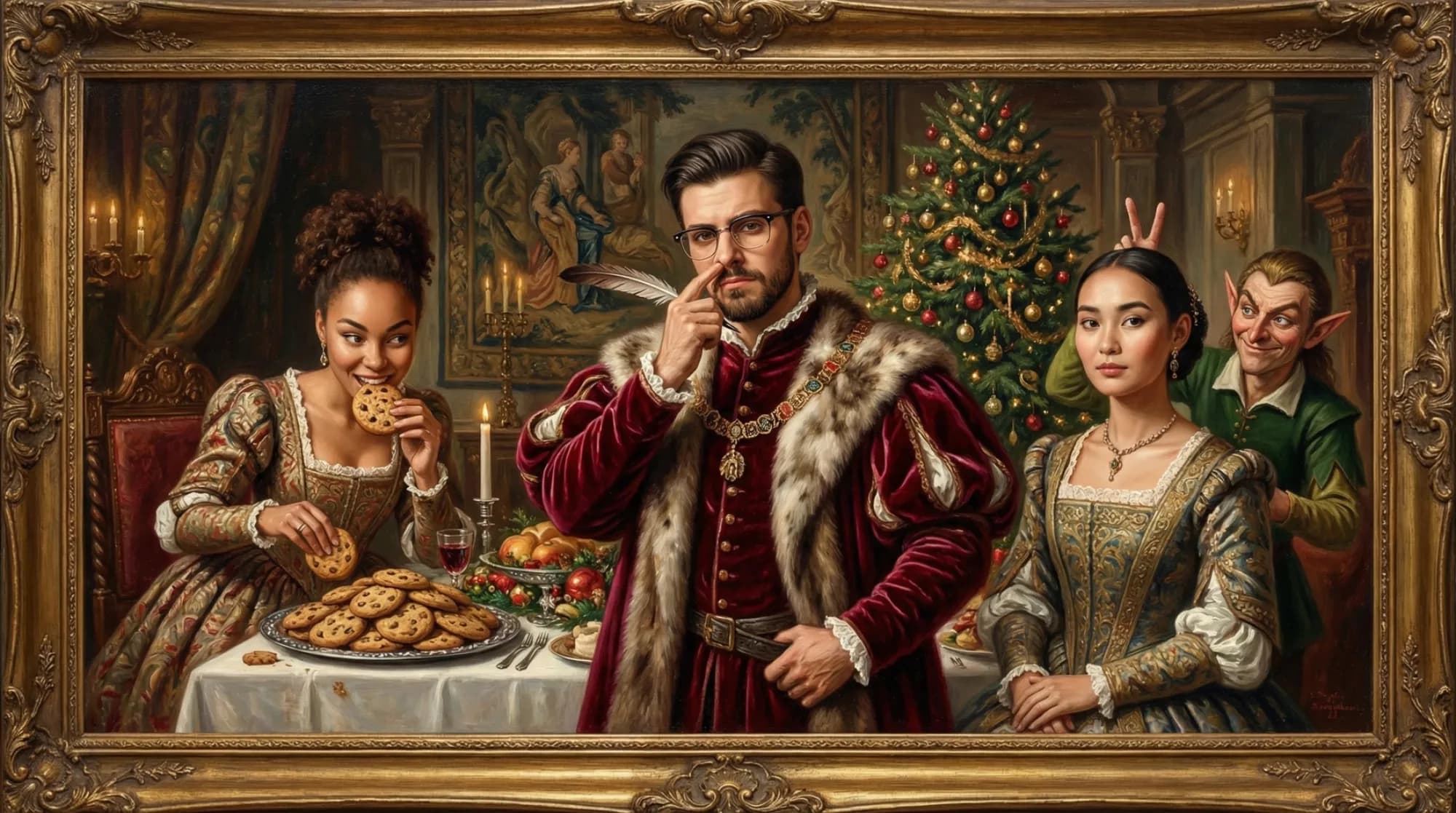 AI medieval royal portrait reimagine with guests transformed into an ornate painted court scene