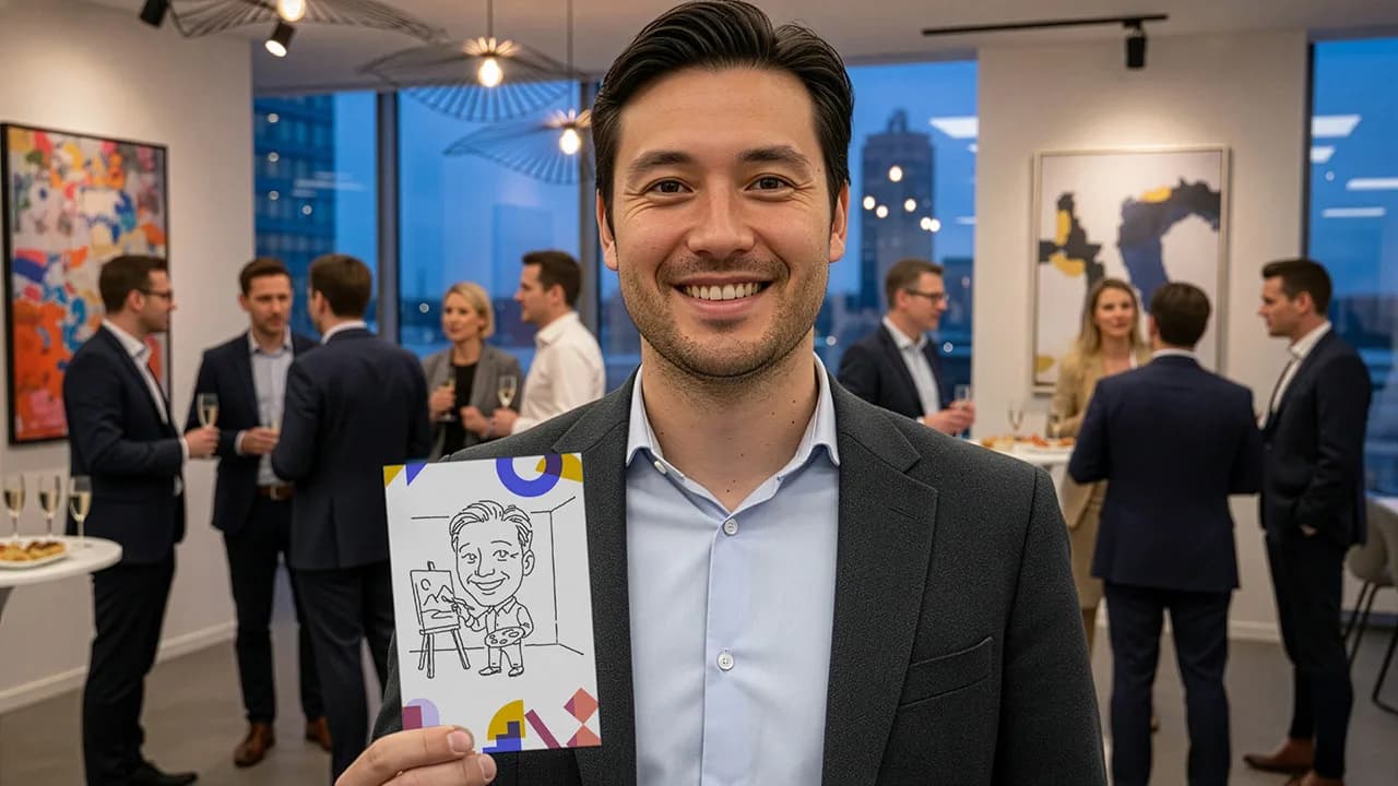 Corporate event guest holding a finished SketchBot AI portrait keepsake card and smiling