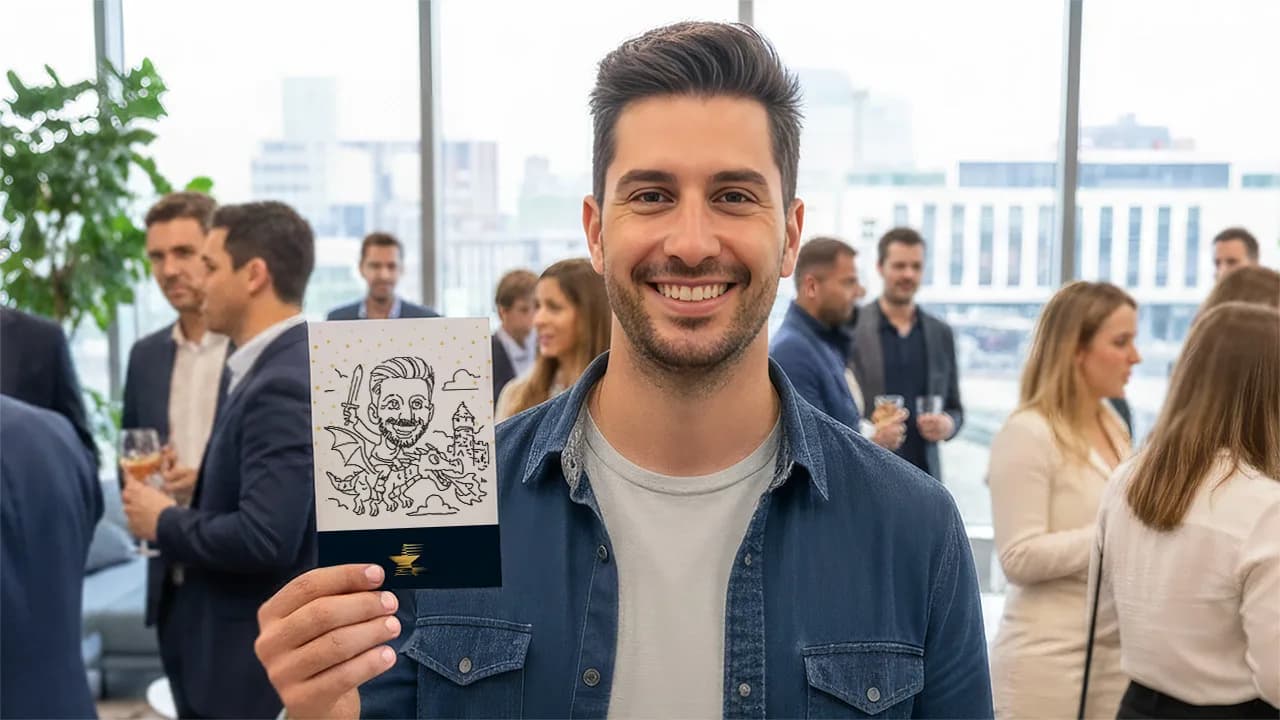 Guest holding a custom SketchBot portrait card featuring a dragon-and-castle themed scene