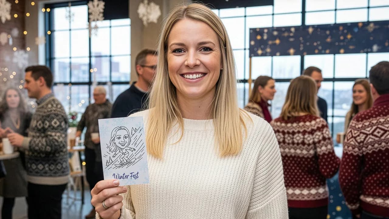 Guest reviewing her finished SketchBot portrait card at a festive holiday event
