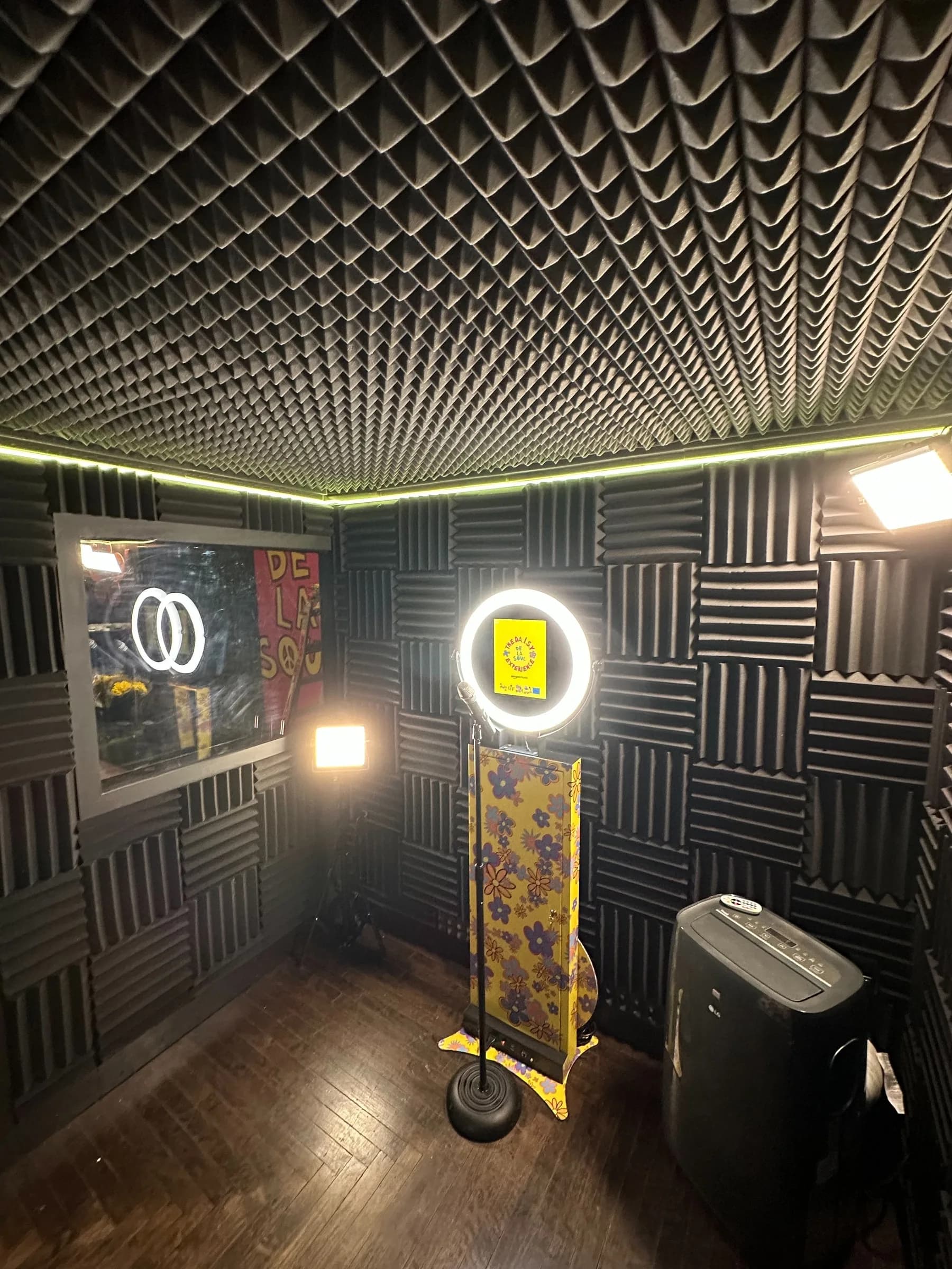 Interior of a video testimonial booth with ring light, acoustic panels, and a window display at an event