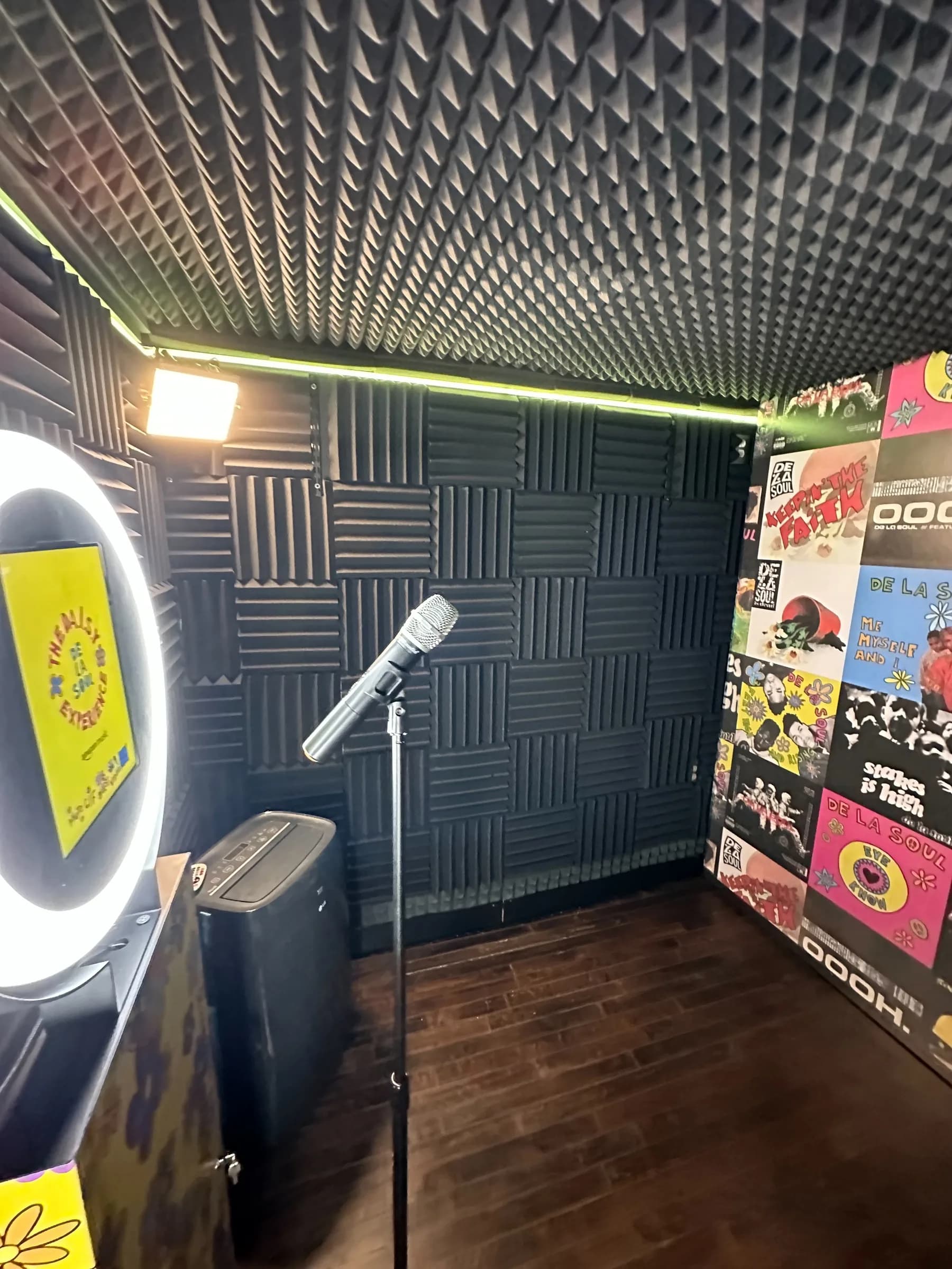 Microphone stand inside a video message booth with acoustic foam walls and studio lighting