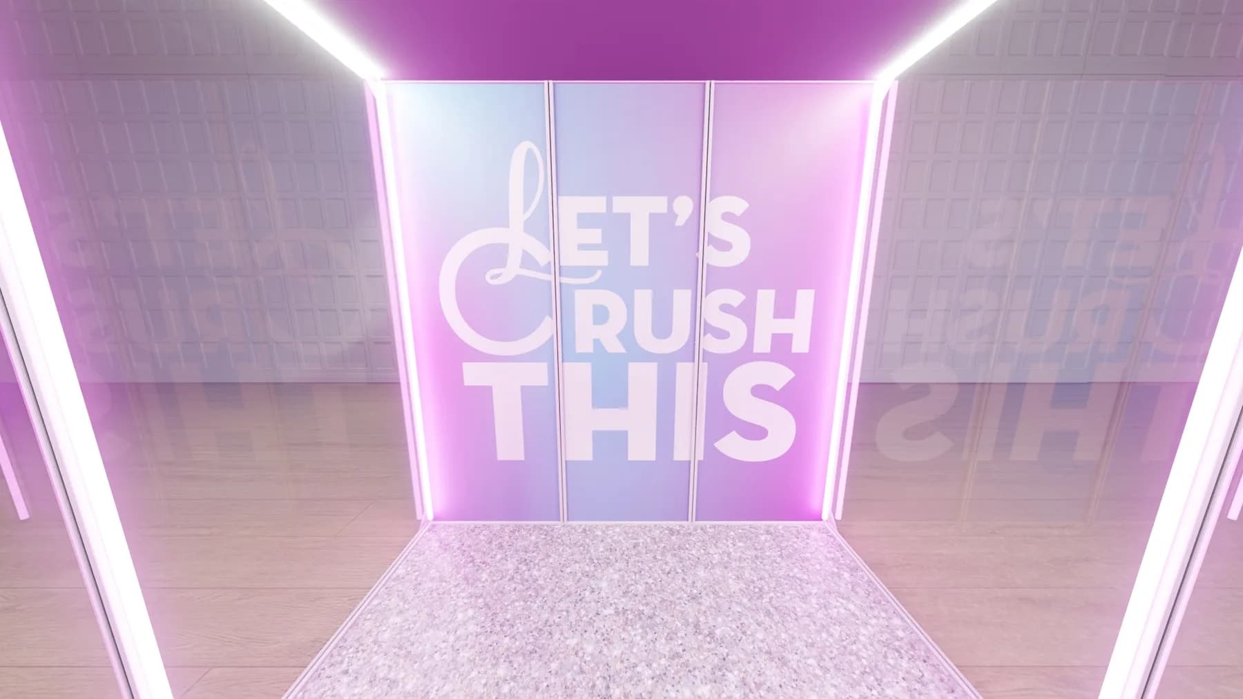Interior of a neon-lit video lip sync booth with reflective walls and glowing panel backdrop