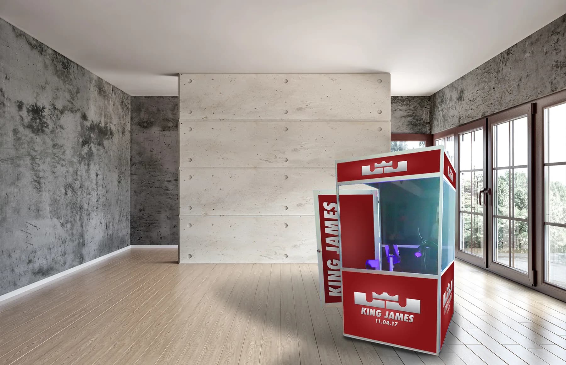 Custom-wrapped video recording booth in a spacious studio setting at a Nicholson Events celebration