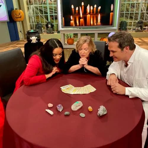 Tarot Card Reader Angela giving a live reading during a television appearance