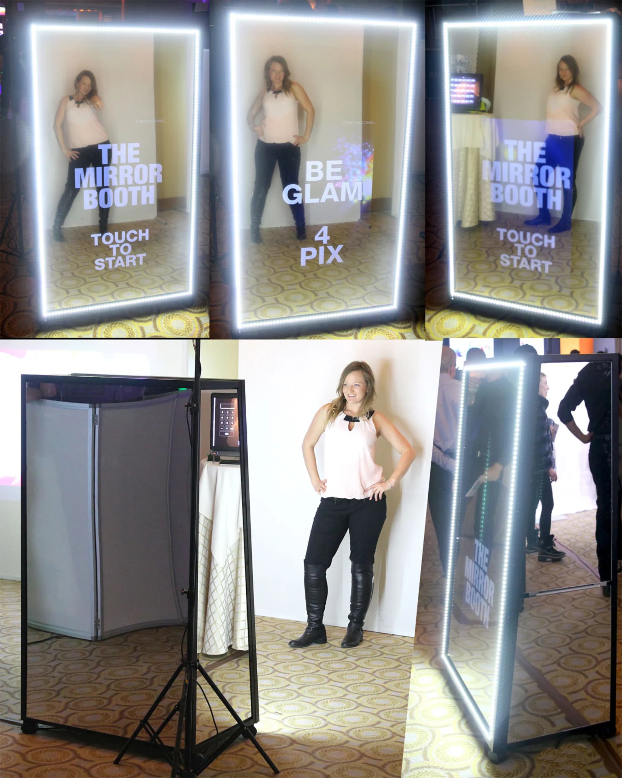 Mirror photo booth with LED halo frame and touch-screen interface at an event