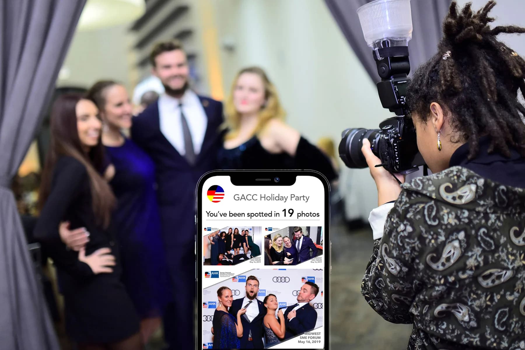 PhotoSpot AI photo gallery platform showing private branded photo galleries delivered to guests