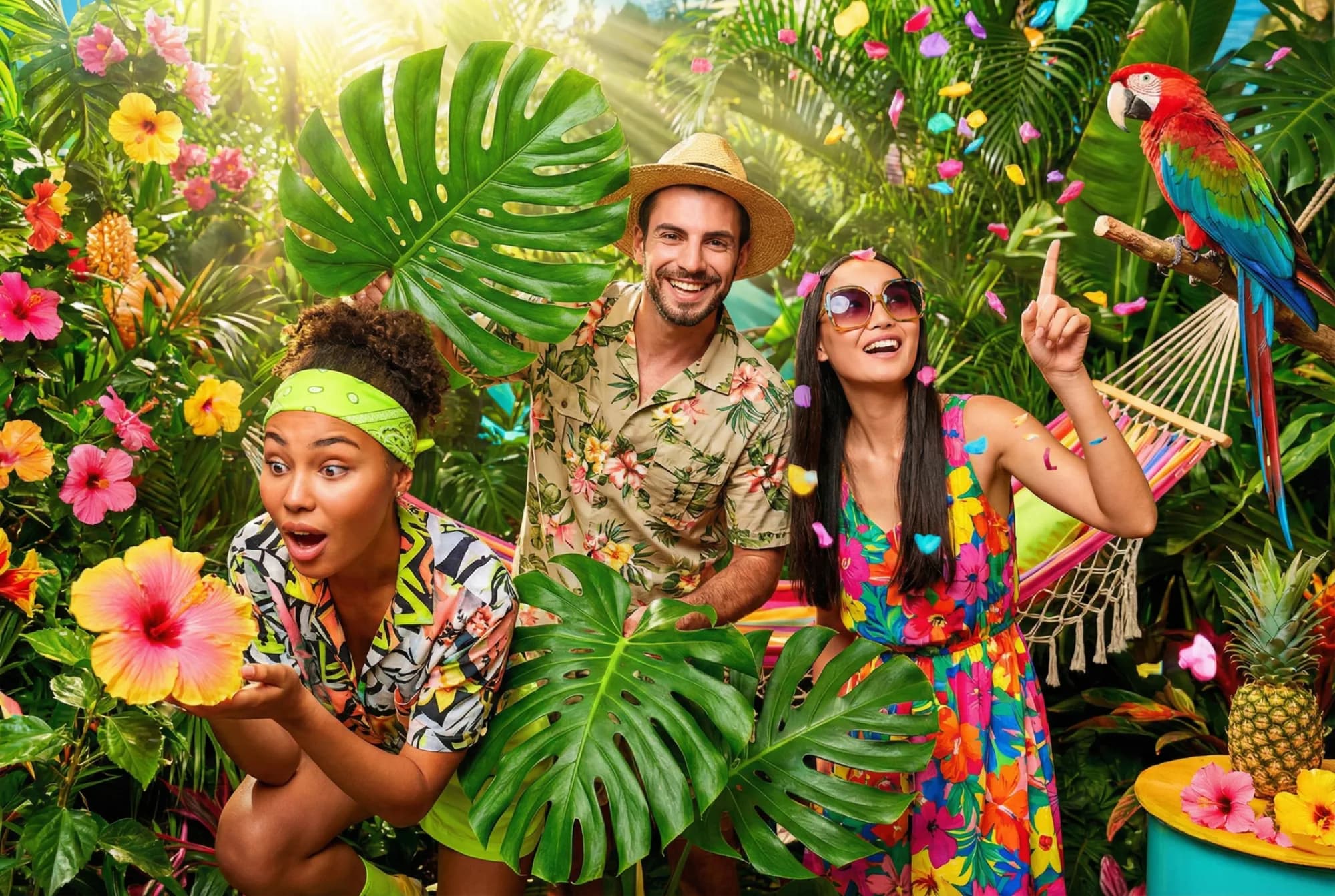 AI reimagine photo booth with vibrant tropical transformation portrait at a New York event