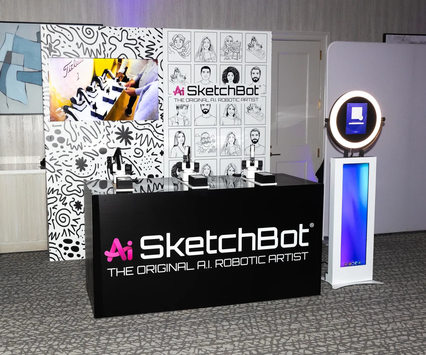 SketchBot AI portrait robot drawing a custom sketch on a 4x6 keepsake card at an event in NYC or CT