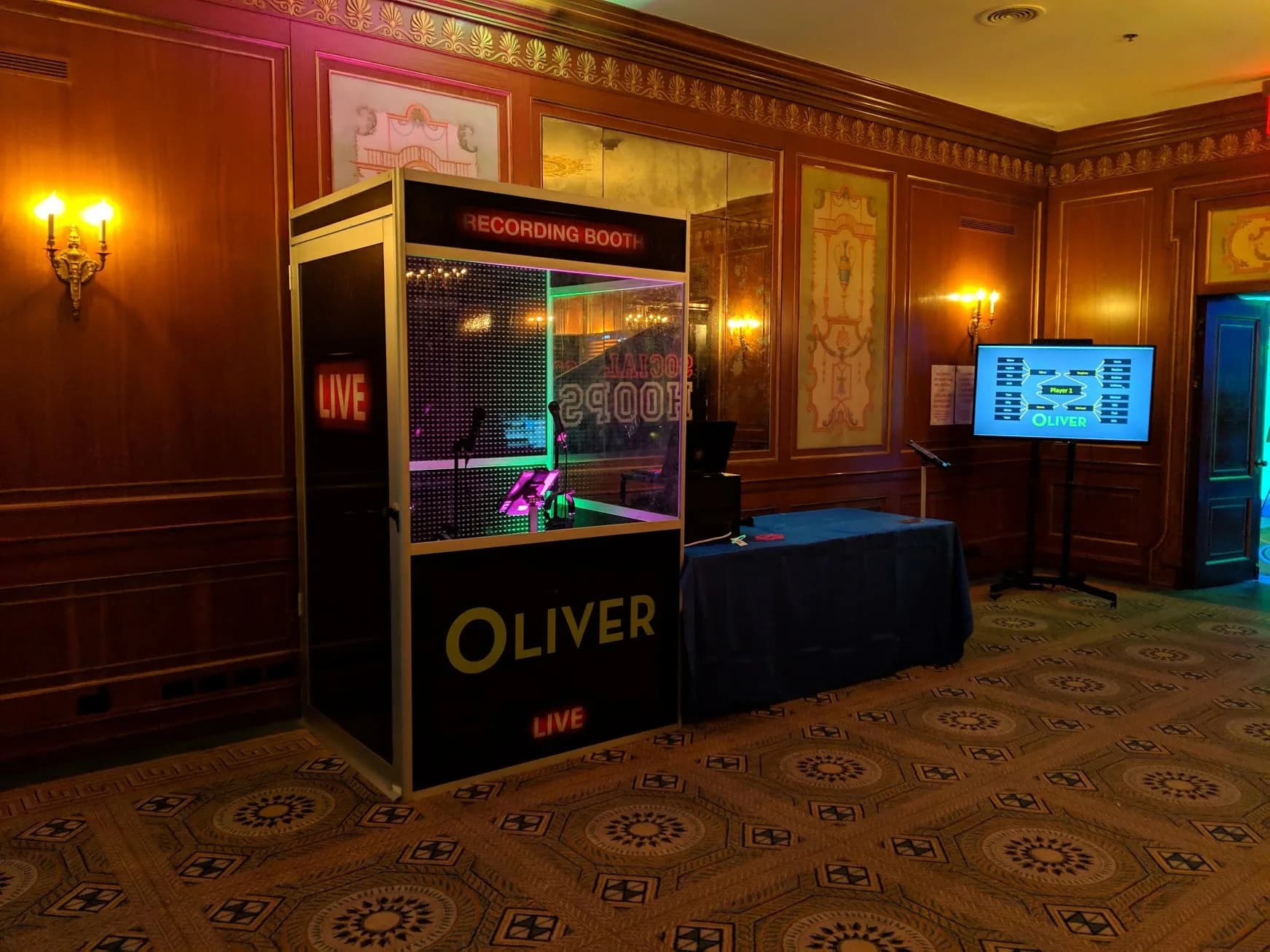 Video recording booth with LIVE signage set up at a Nicholson Events mitzvah celebration