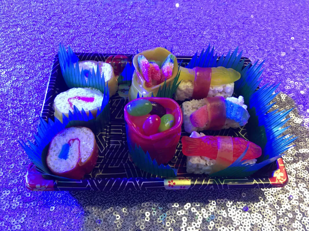 Candy sushi party favor station at a bar mitzvah produced by Nicholson Events